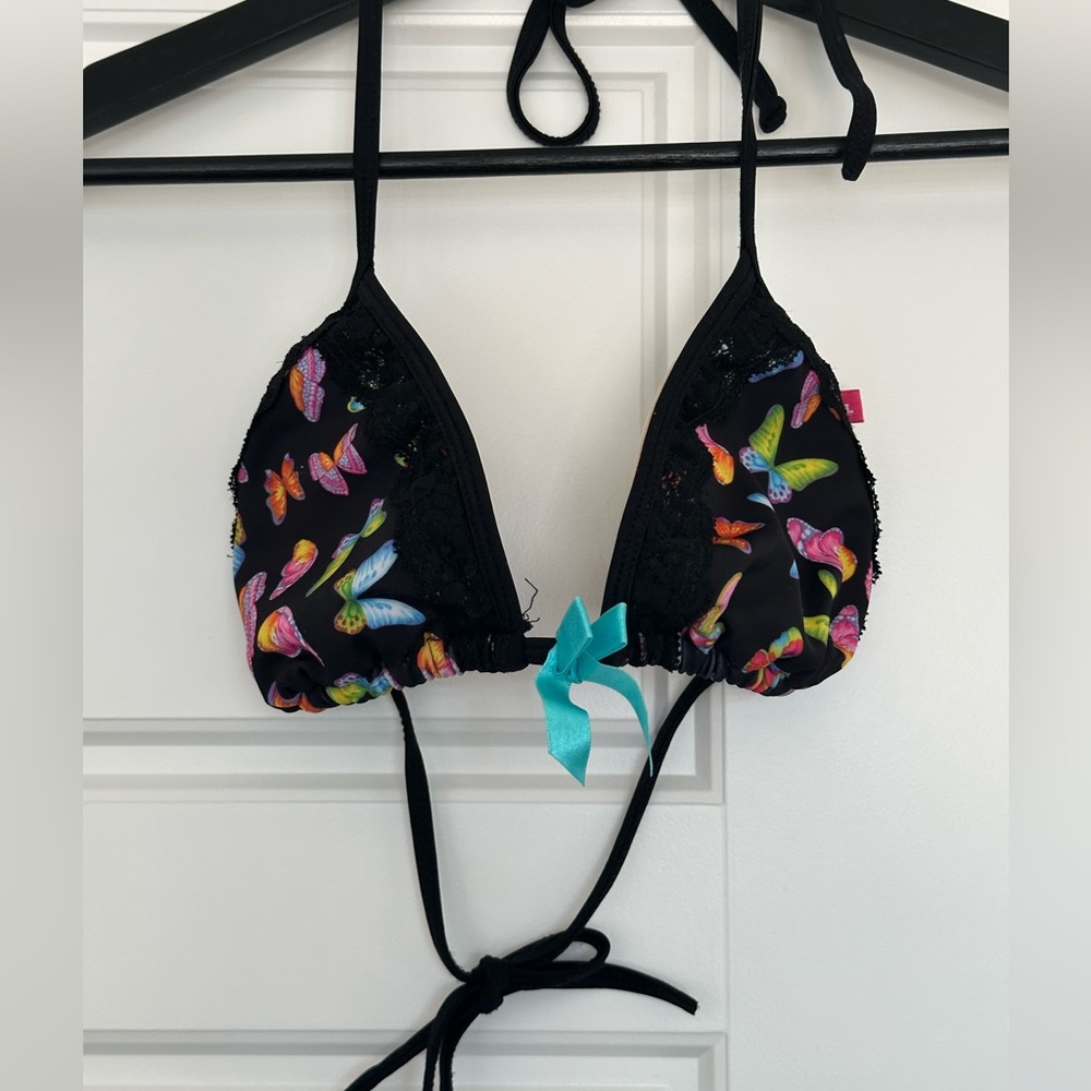 Black Butterfly Print Triangle Bikini Top with Teal Bow